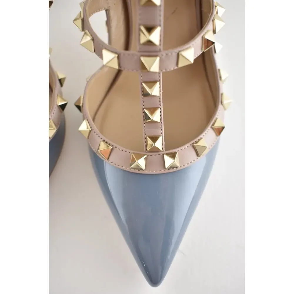 Valentino Rockstud 100mm Grey Blue Patent Poudre Nude Ankle Strap Heel Pump 36.5